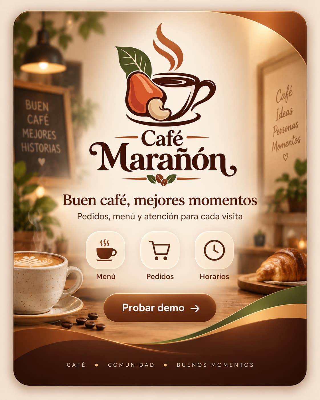 Tarjeta de la demo de cafetería: Café Marañón, «Buen café, mejores momentos». Menú, pedidos y horarios.