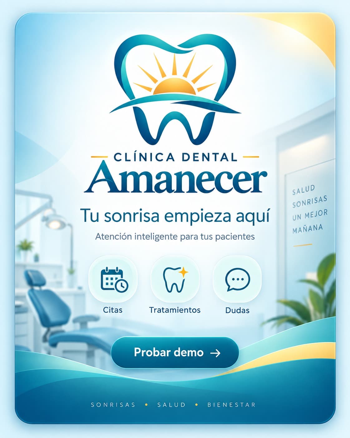 Tarjeta de la demo de clínica dental: Clínica Dental Amanecer, «Tu sonrisa empieza aquí». Citas, tratamientos y dudas.