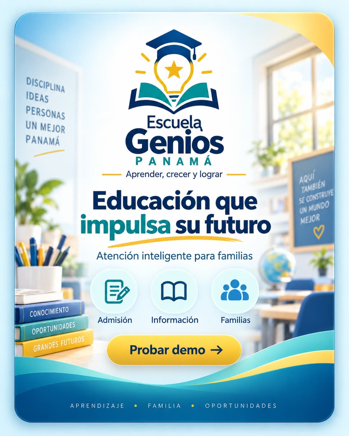 Tarjeta de la demo de colegio: Escuela Genios Panamá, «Educación que impulsa su futuro». Admisión, información y familias.