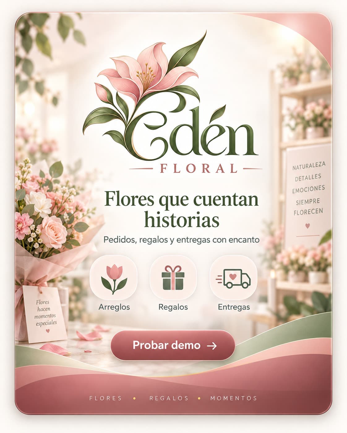 Tarjeta de la demo de floristería: Edén Floral, «Flores que cuentan historias». Arreglos, regalos y entregas.