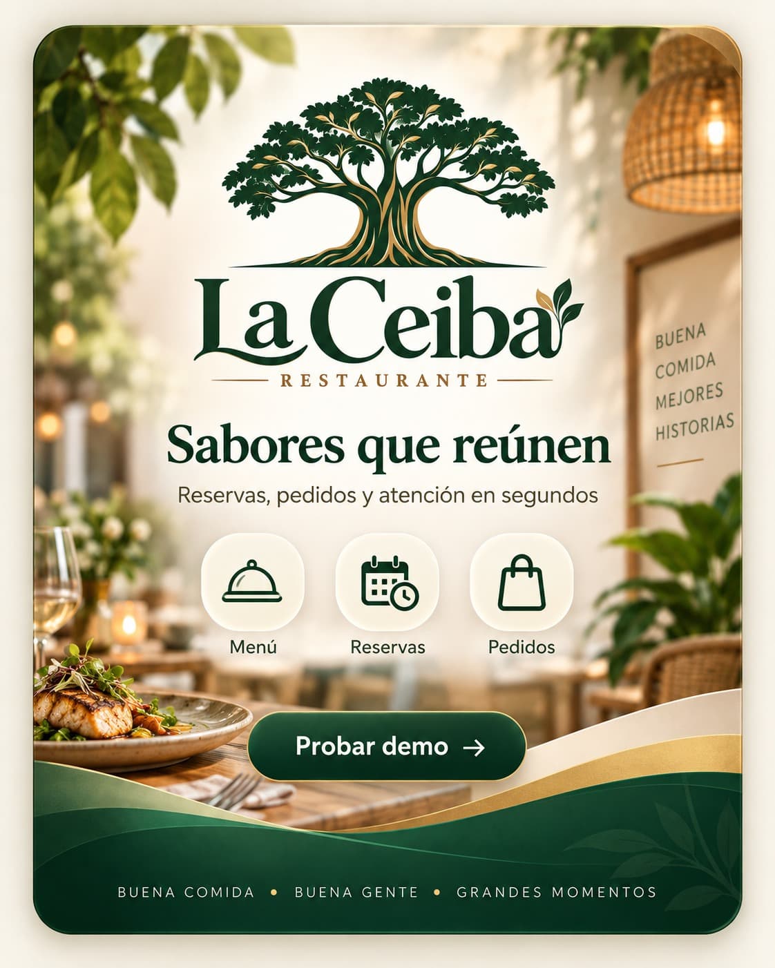Tarjeta de la demo de restaurante: La Ceiba, «Sabores que reúnen». Menú, reservas y pedidos.